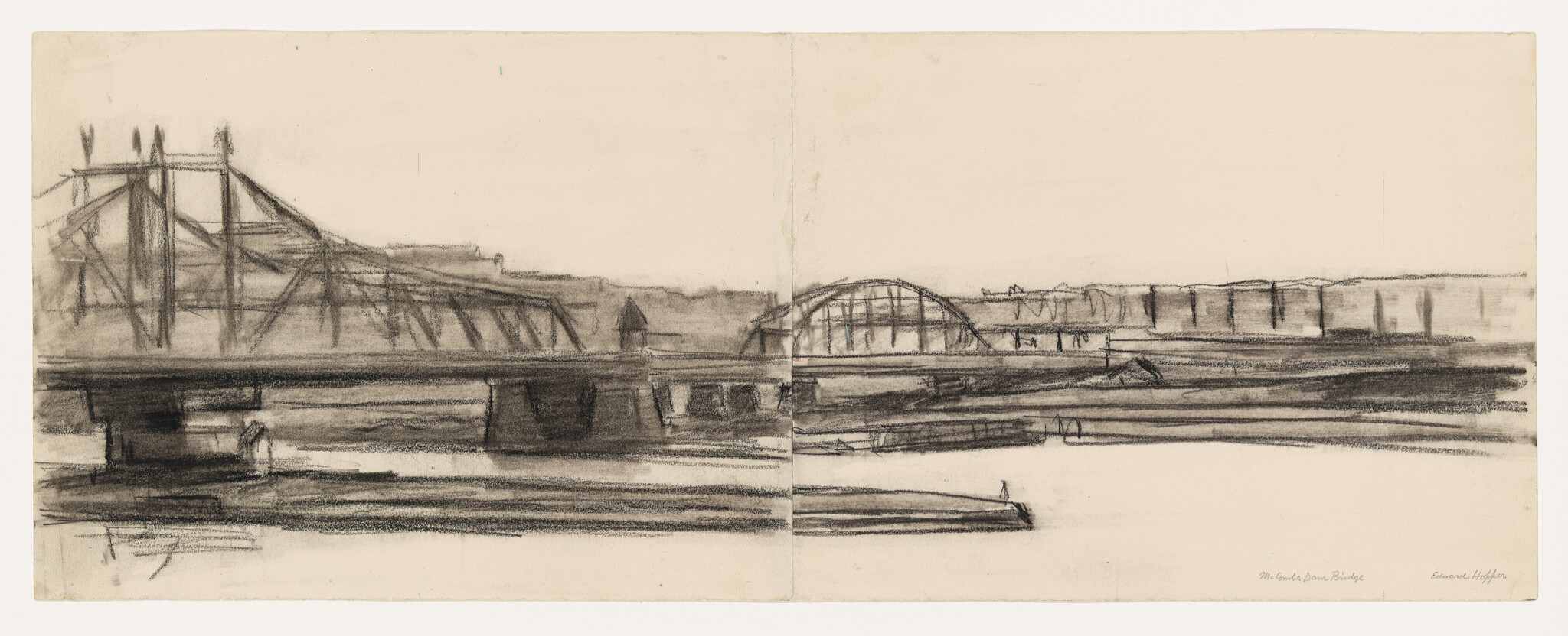 Two steel bridges span a calm river with piers and a small dock in the foreground.