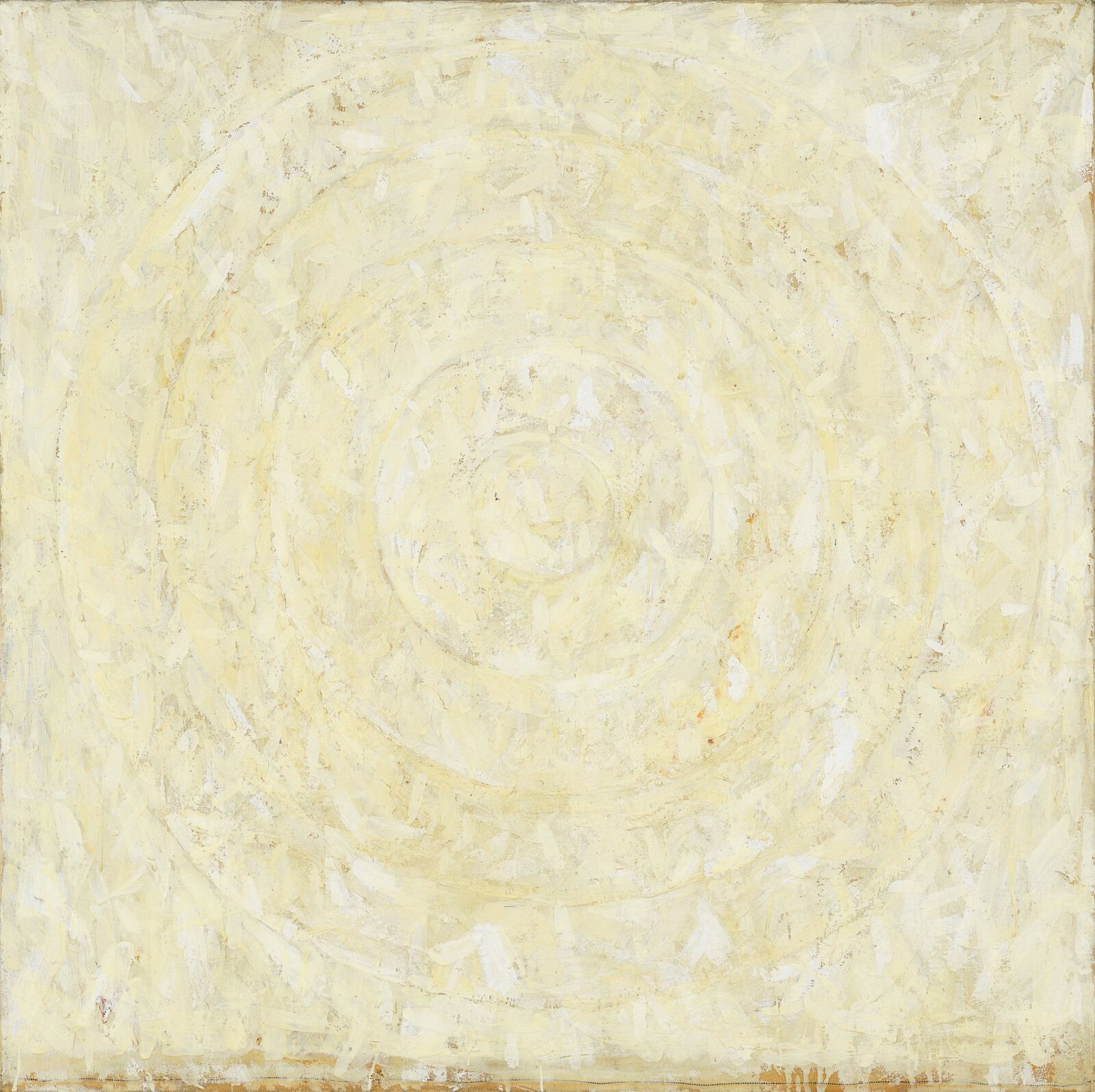Pale cream abstract painting with subtle concentric circles formed by layered brushstrokes.
