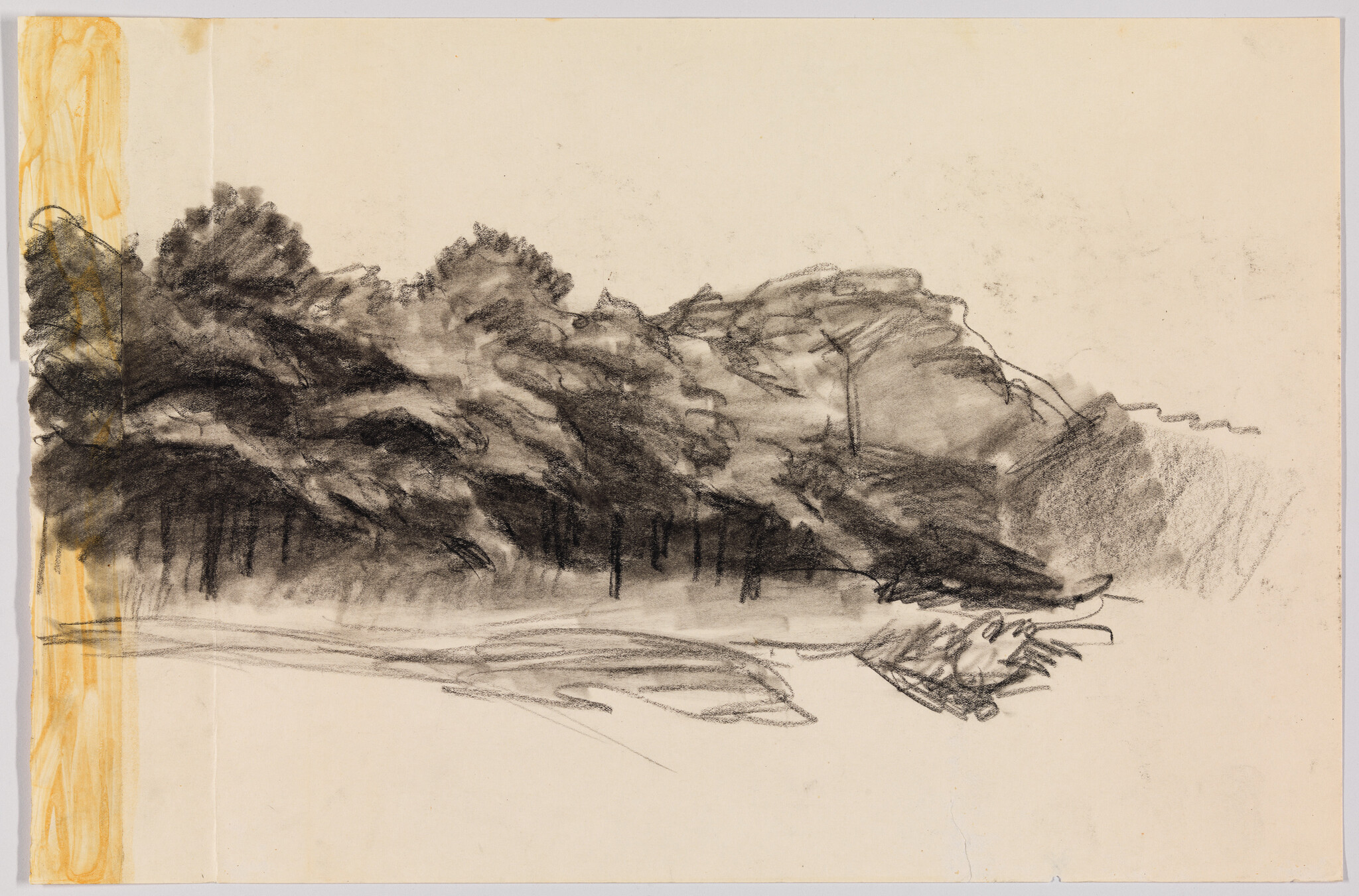 Charcoal sketch of a wooded shoreline with dense trees and rocky outcrops.