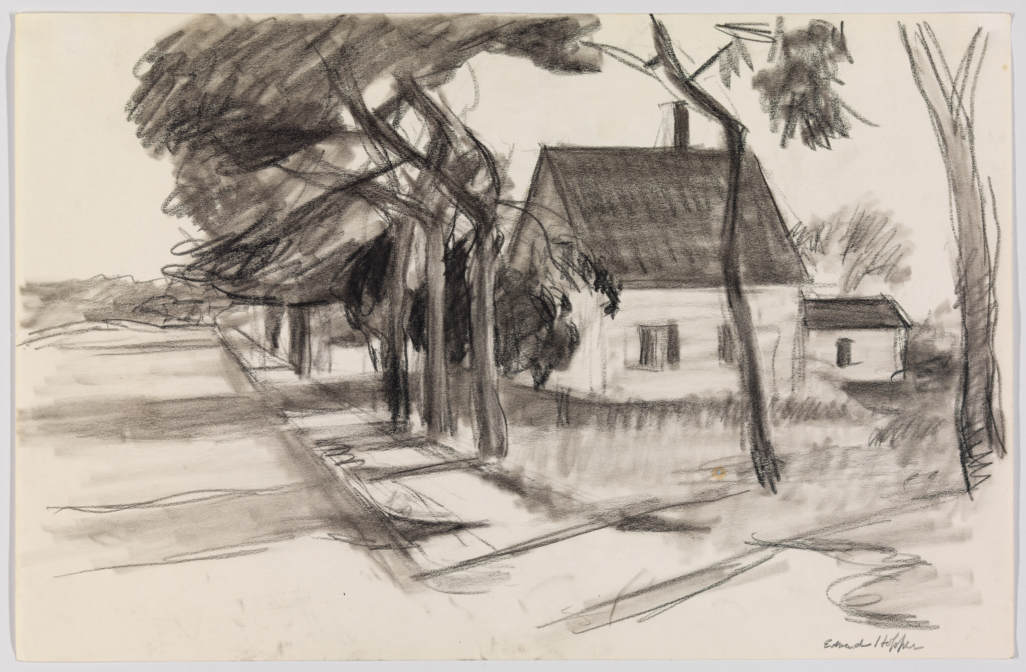 A charcoal sketch of a small house beside a tree-lined path with tall leaning trees.