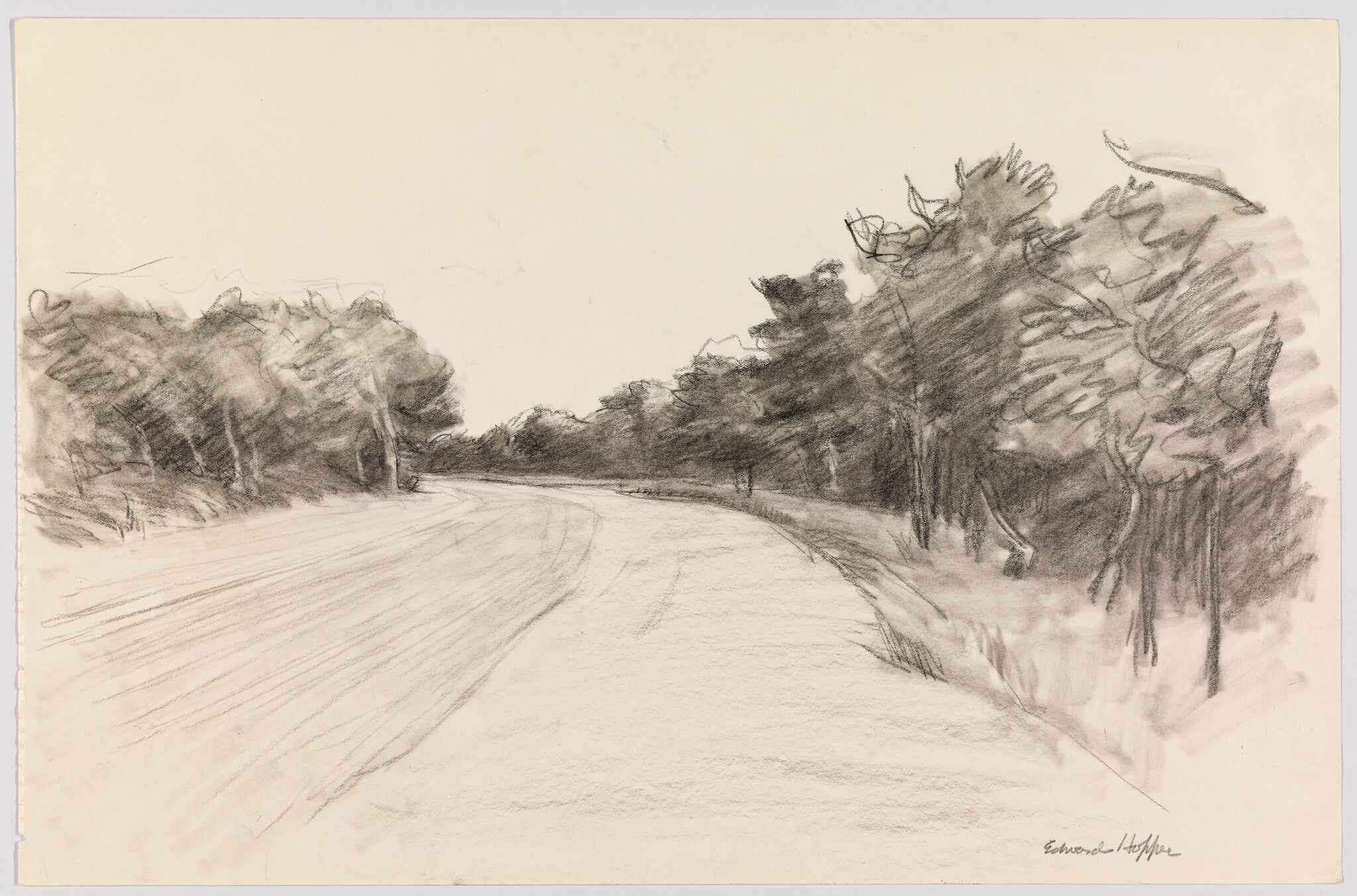 A charcoal drawing of a curved rural road bordered by dense trees on both sides.