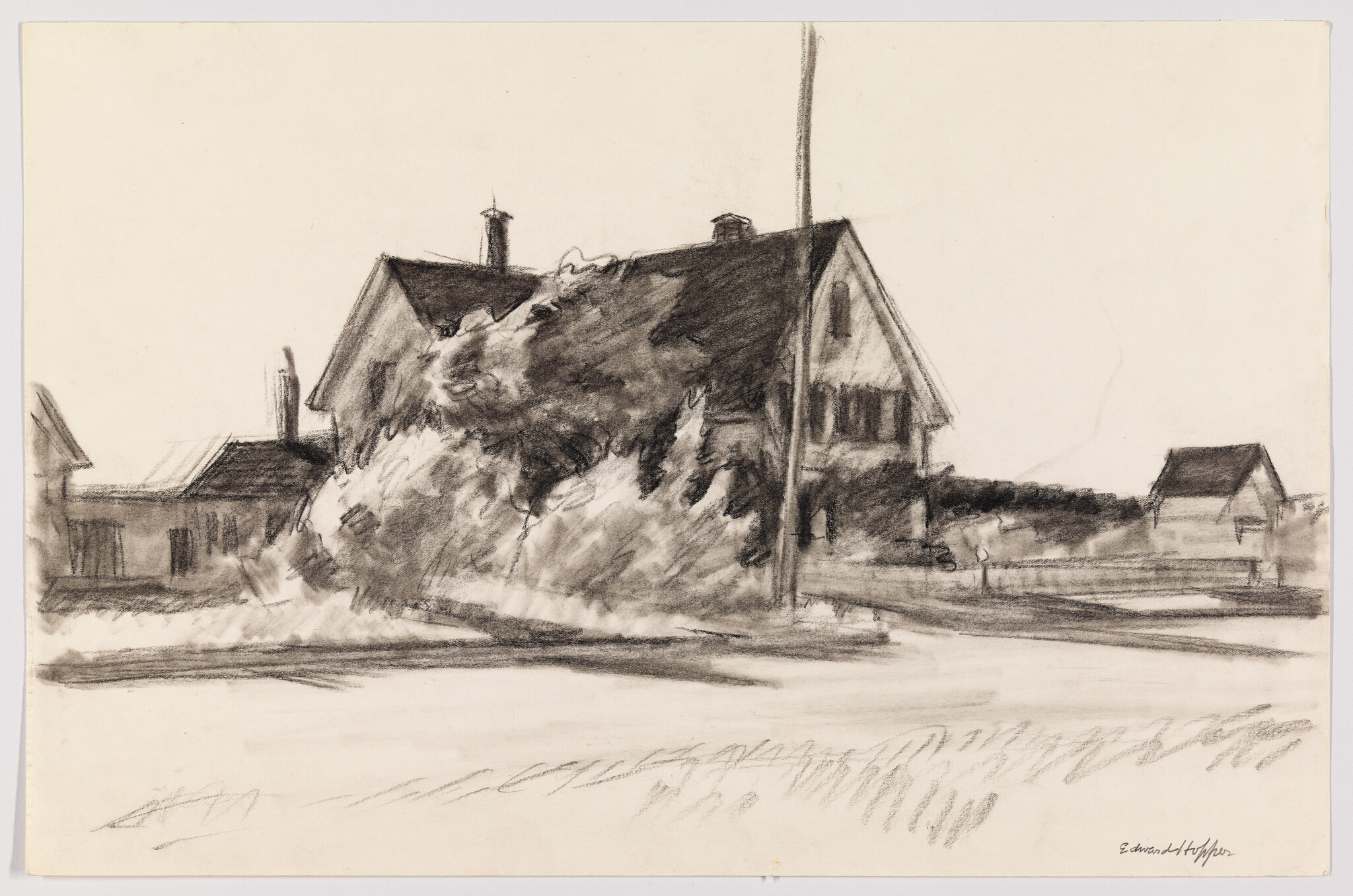 A charcoal sketch of a two-story house partially hidden by a large tree and utility pole.