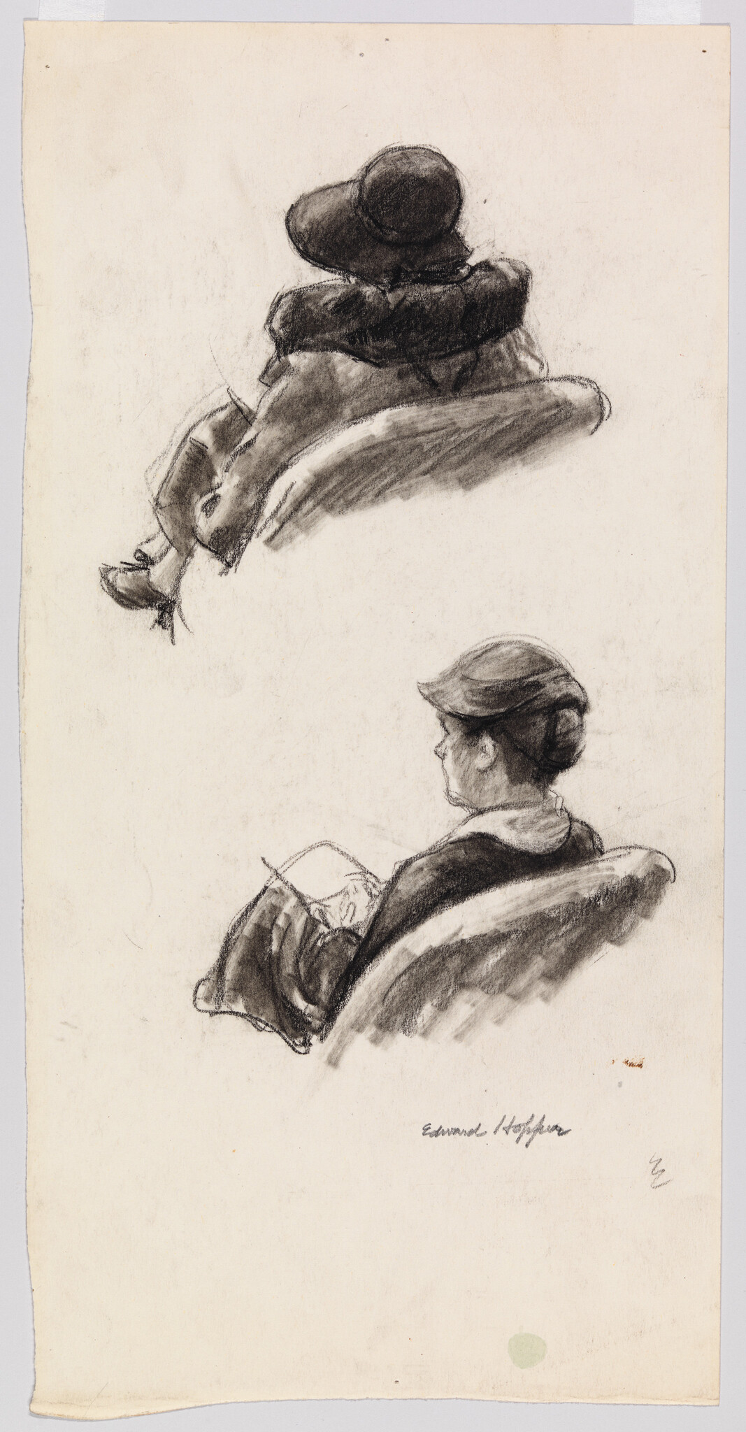 Sketch of two figures seated in profile, with the upper figure wearing a large hat and the lower figure reading a book, both rendered in charcoal with the artist's signature at the bottom right.