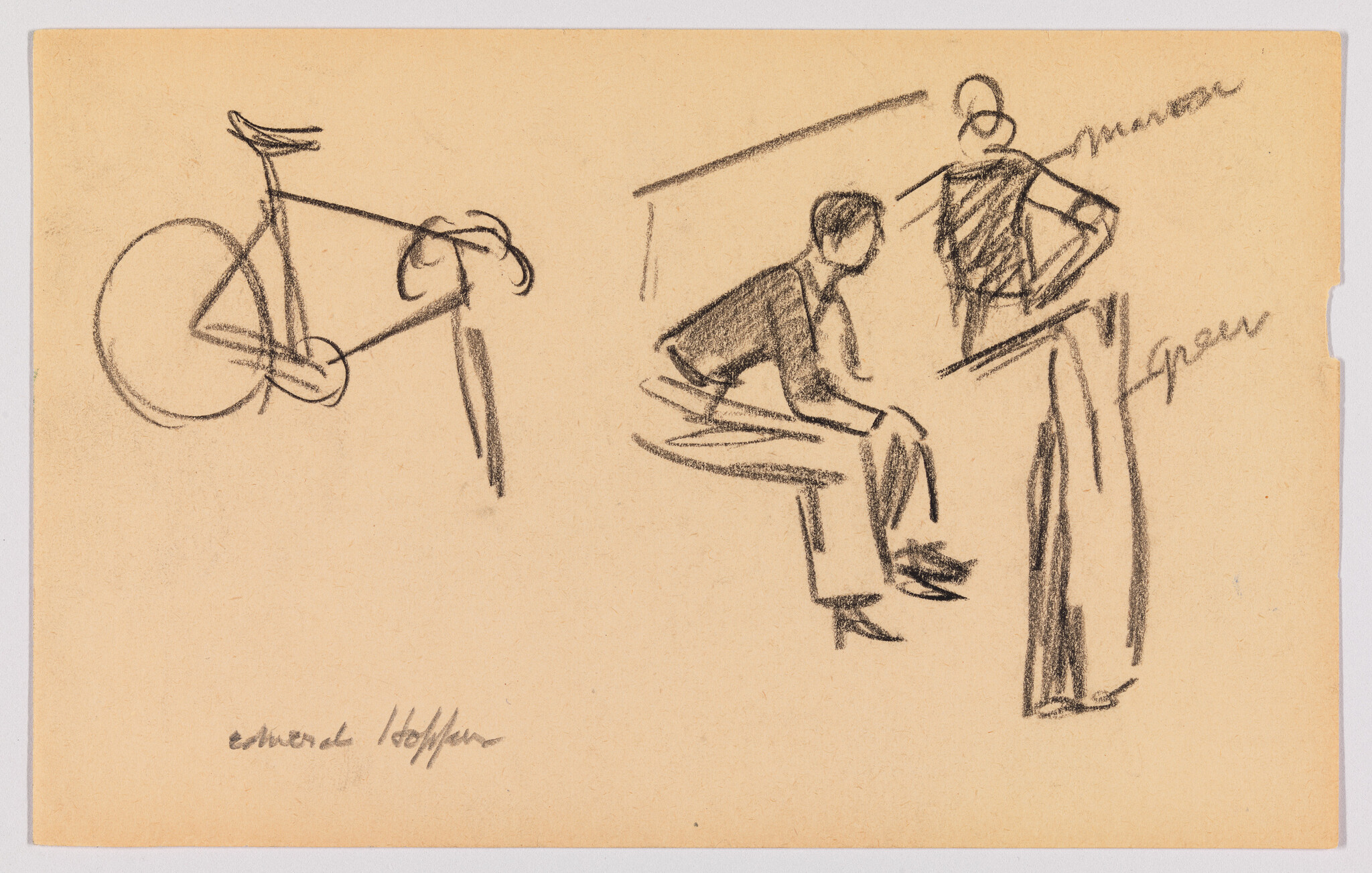 Rough pencil sketch of a bicycle at left and two figures talking, one seated and one standing.