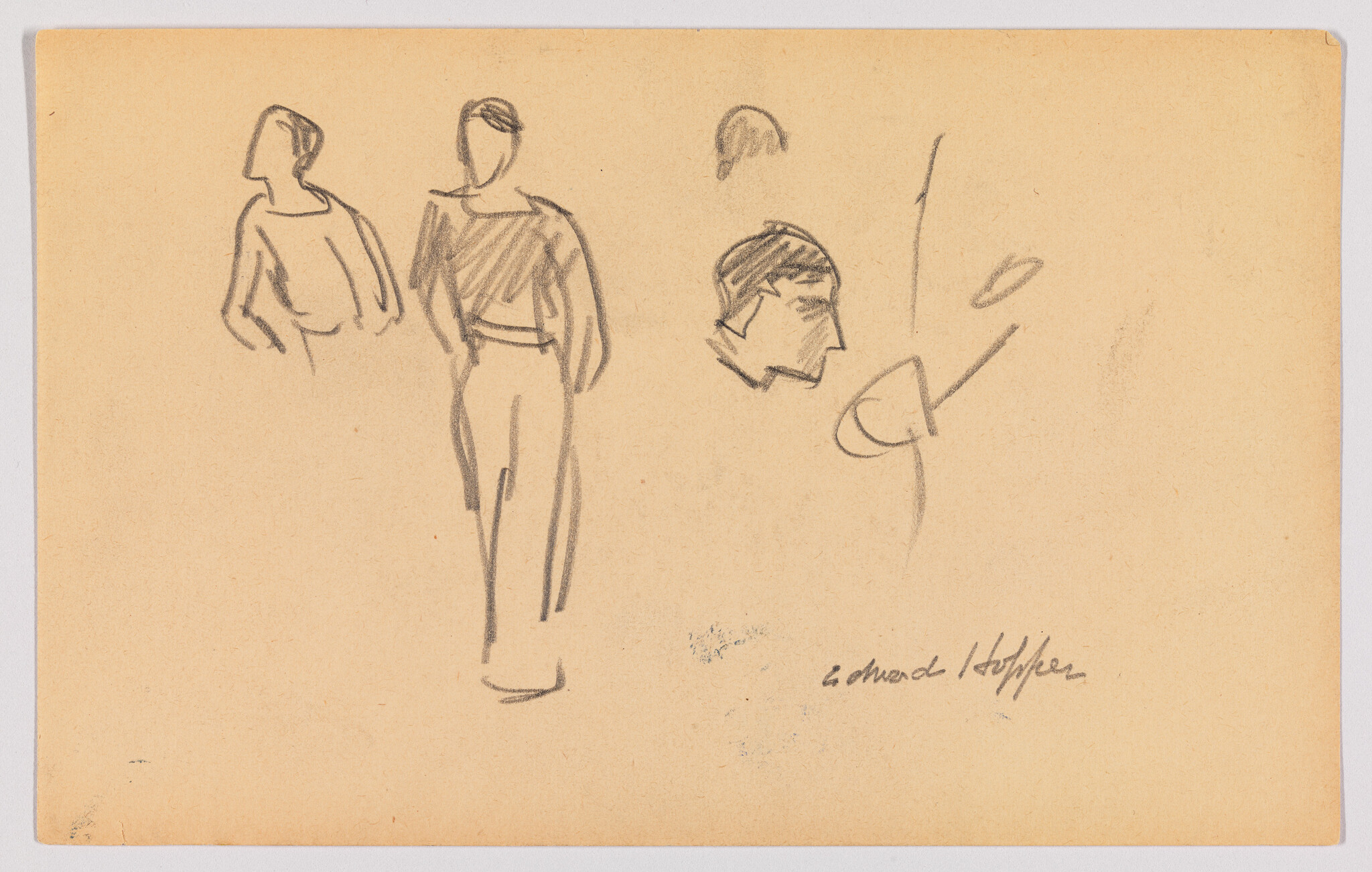 Three quick pencil figure sketches and a profile head drawn on beige paper.