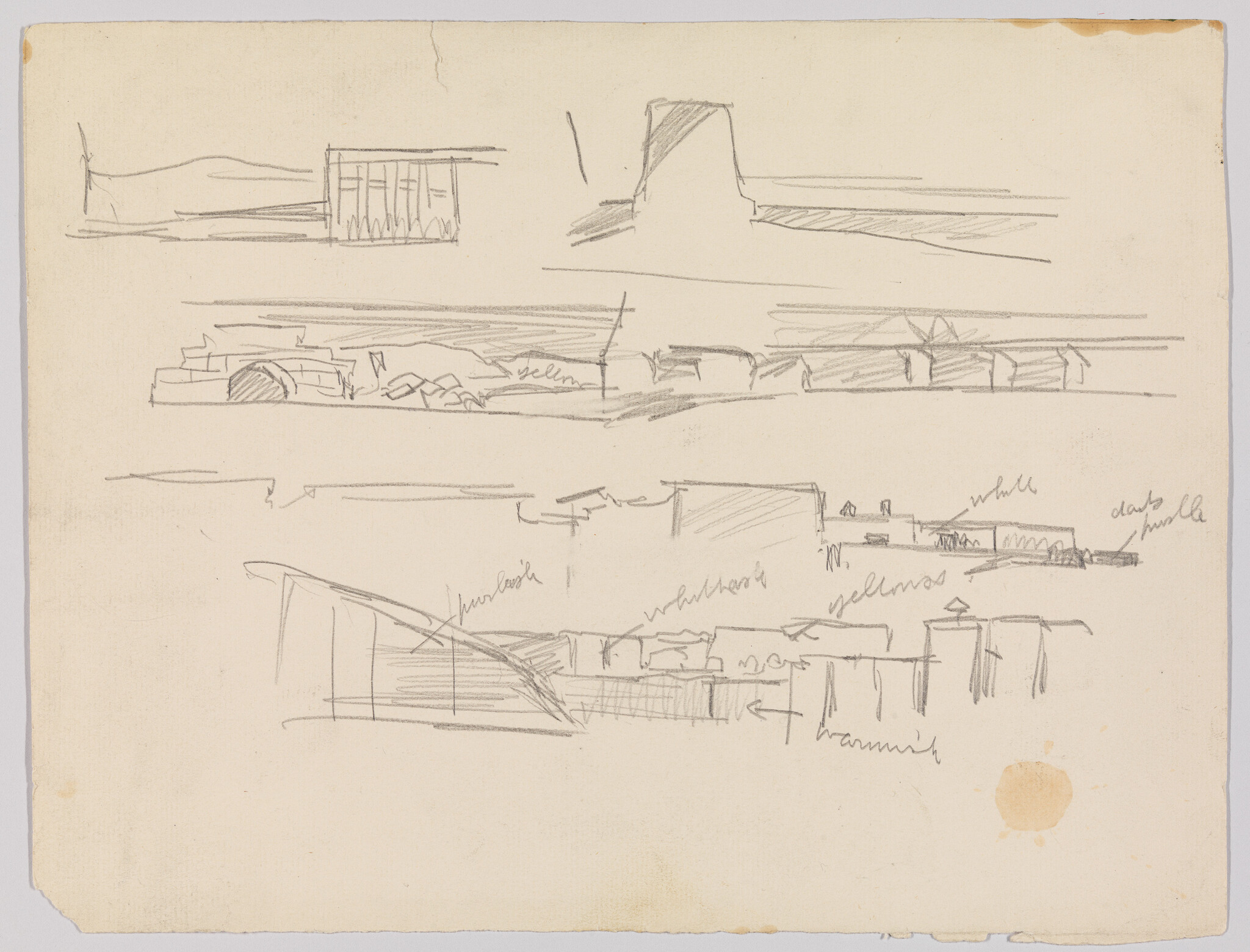A sketch page with multiple rough pencil drawings depicting various landscapes and architectural forms. The sketches are loosely drawn with annotations, possibly indicating locations or notes for the artist. There is a visible coffee stain on the bottom right of the paper.