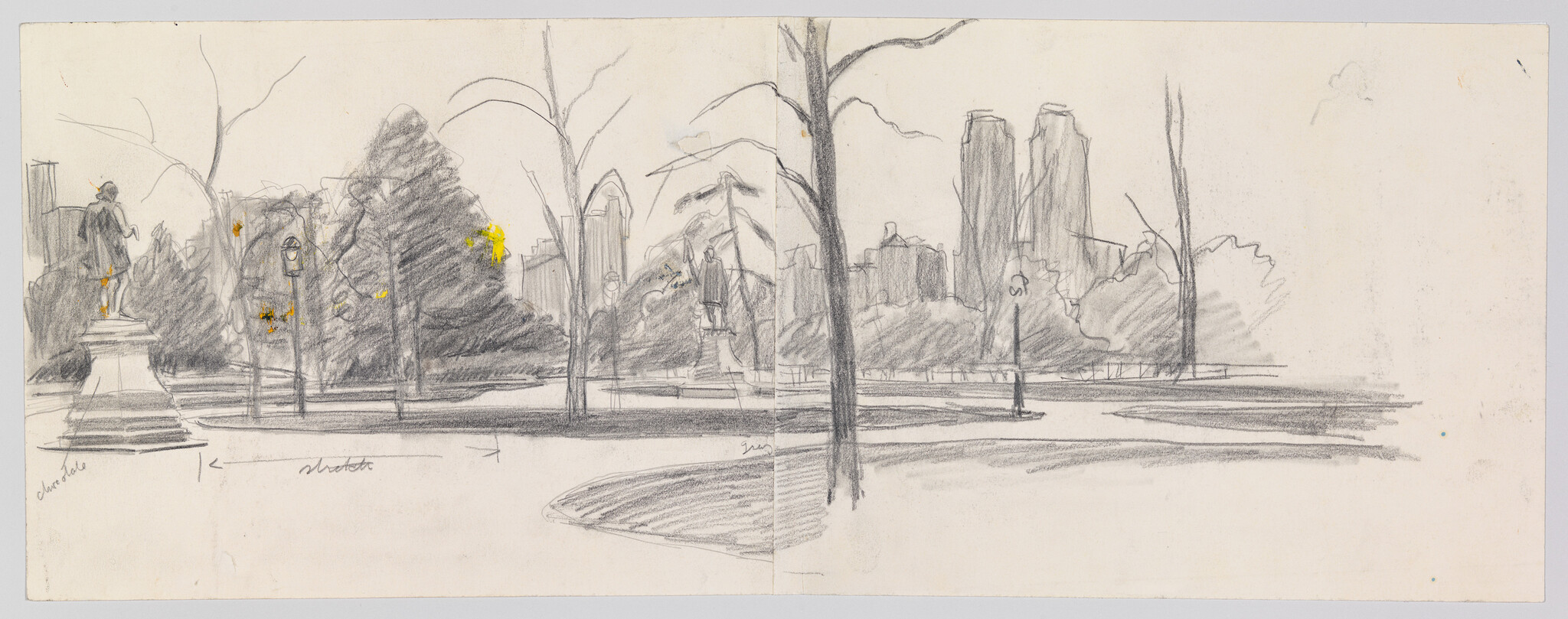Pencil sketch of a park scene with bare trees, a few pedestrians, and city buildings in the background. There are annotations possibly indicating light and shadow areas, and the drawing exhibits a rough, impressionistic style.