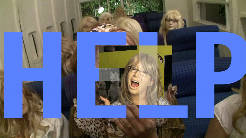 Person with blonde wig screaming in an airplane cabin surrounded by others, large blue HELP text overlay.