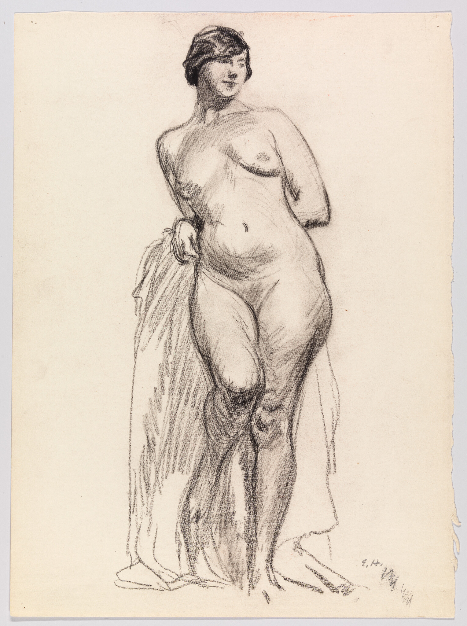 A nude woman stands holding a draped cloth with one arm behind her back.