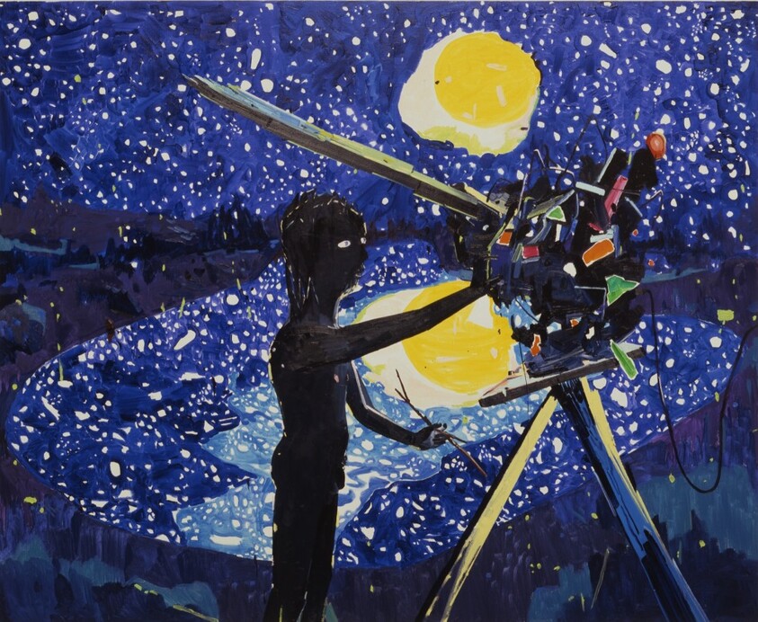 A silhouetted figure adjusts a complex telescope against a starry night sky with two large moons.