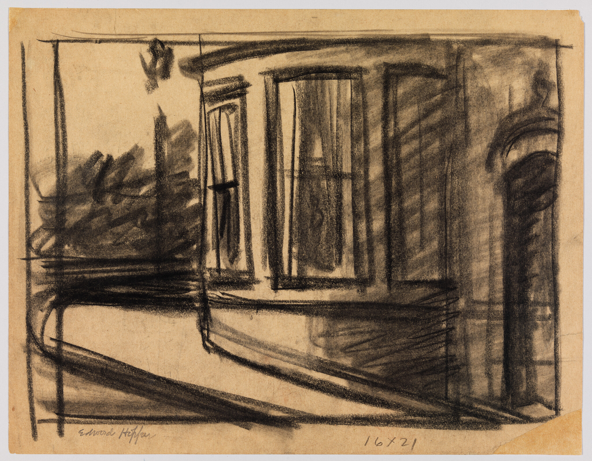 A charcoal sketch of a building with a curved bay window and shadowed sidewalk.