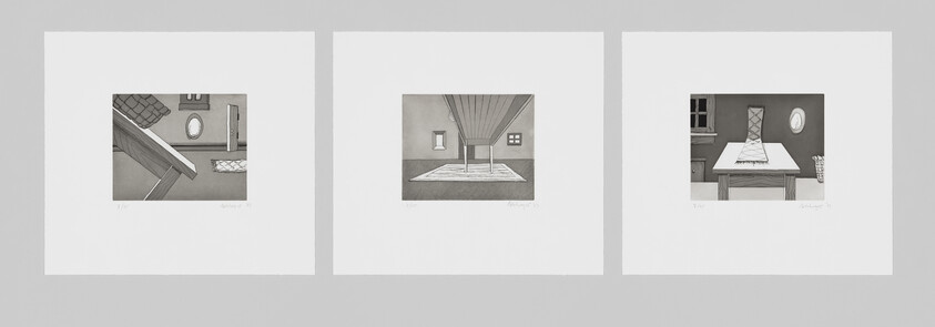 Three framed monochromatic drawings displayed side by side, each depicting a different perspective of a stylized interior space with minimalist details and shading, signed and numbered by the artist.