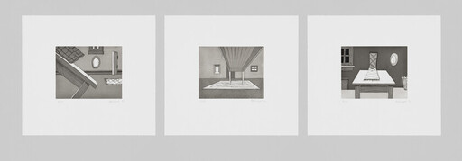 Three framed monochrome prints showing simple interior rooms with tables, rugs, and minimal furniture.