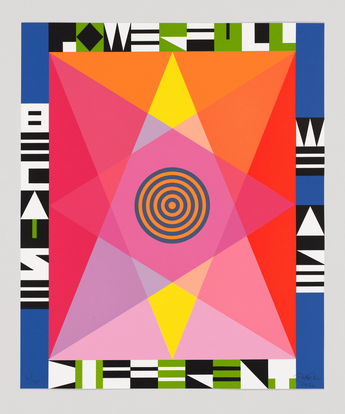 Colorful geometric artwork with a central pink star, concentric circles, and bold text reading "Powerful Because We Are Different" around the edges.