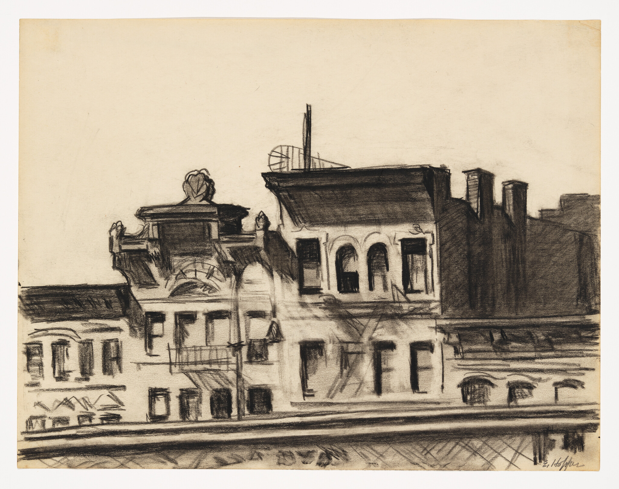 A charcoal sketch of three connected old brick buildings with arched windows and rooftop details.
