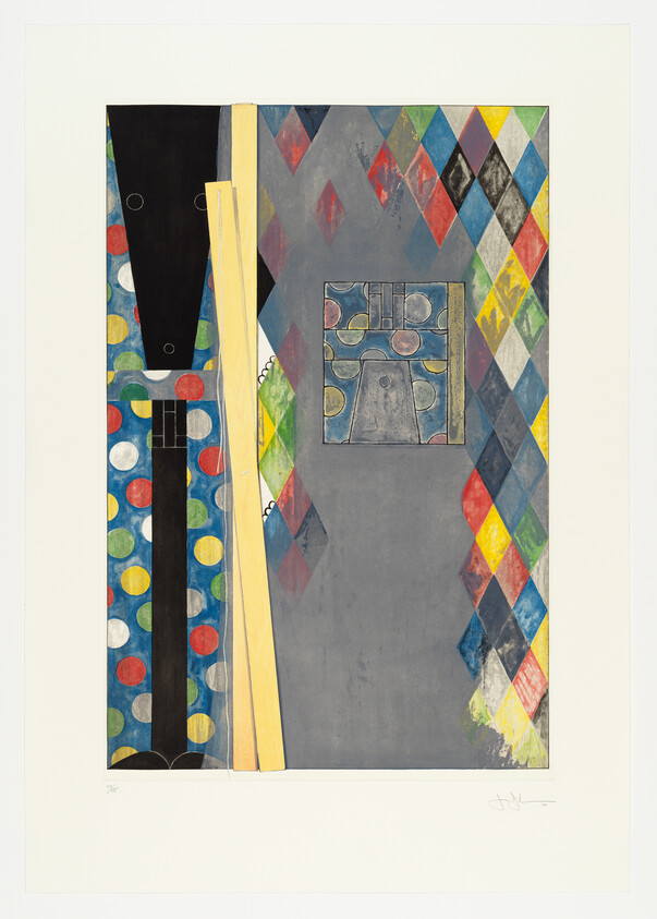 Abstract geometric composition with colorful diamond pattern, polka-dotted panel, yellow bars, and central gray square.