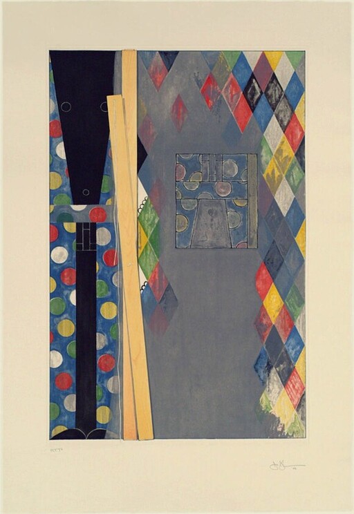 Abstract geometric composition with colorful diamond pattern, polka-dotted panel, yellow bars, and central gray square.