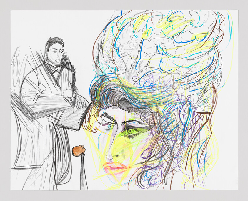 A colorful sketch shows a woman's intense face and elaborate hair with a man standing in the background.