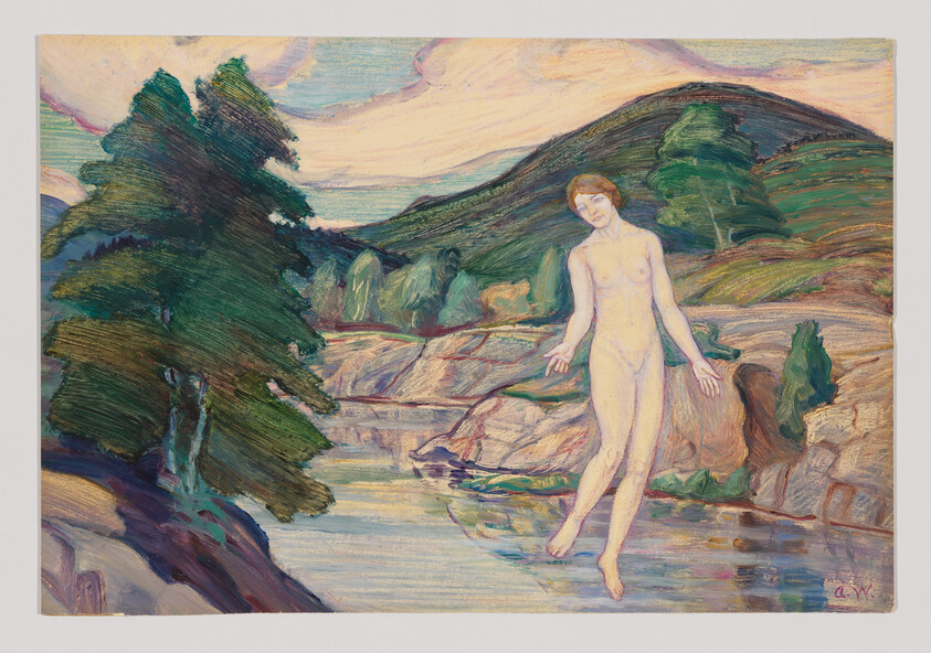 A nude woman stands at the edge of a calm river surrounded by trees and rolling hills.