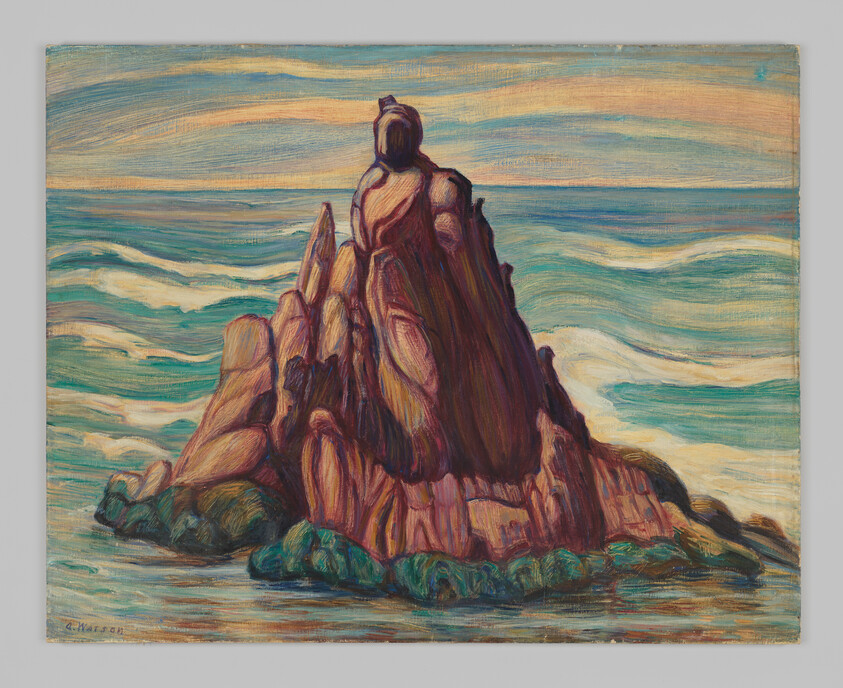 A vibrant painting depicting a rocky seaside landscape at sunset with dynamic brushstrokes capturing the movement of the waves and the warm glow of the sky. The central focus is a large, craggy rock formation jutting out into the sea, with the sun's reflection on the water enhancing the scene's serene yet powerful atmosphere. The artist's signature is visible in the bottom left corner.