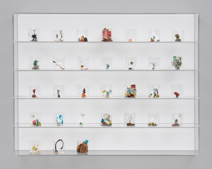 A wall-mounted clear shelf displays multiple small mixed-material sculptures each in individual transparent boxes.