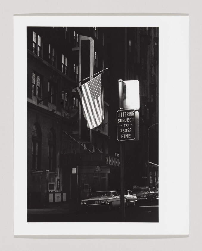 American flag hangs over a city street beside a sign warning littering is subject to a fifty-dollar fine.