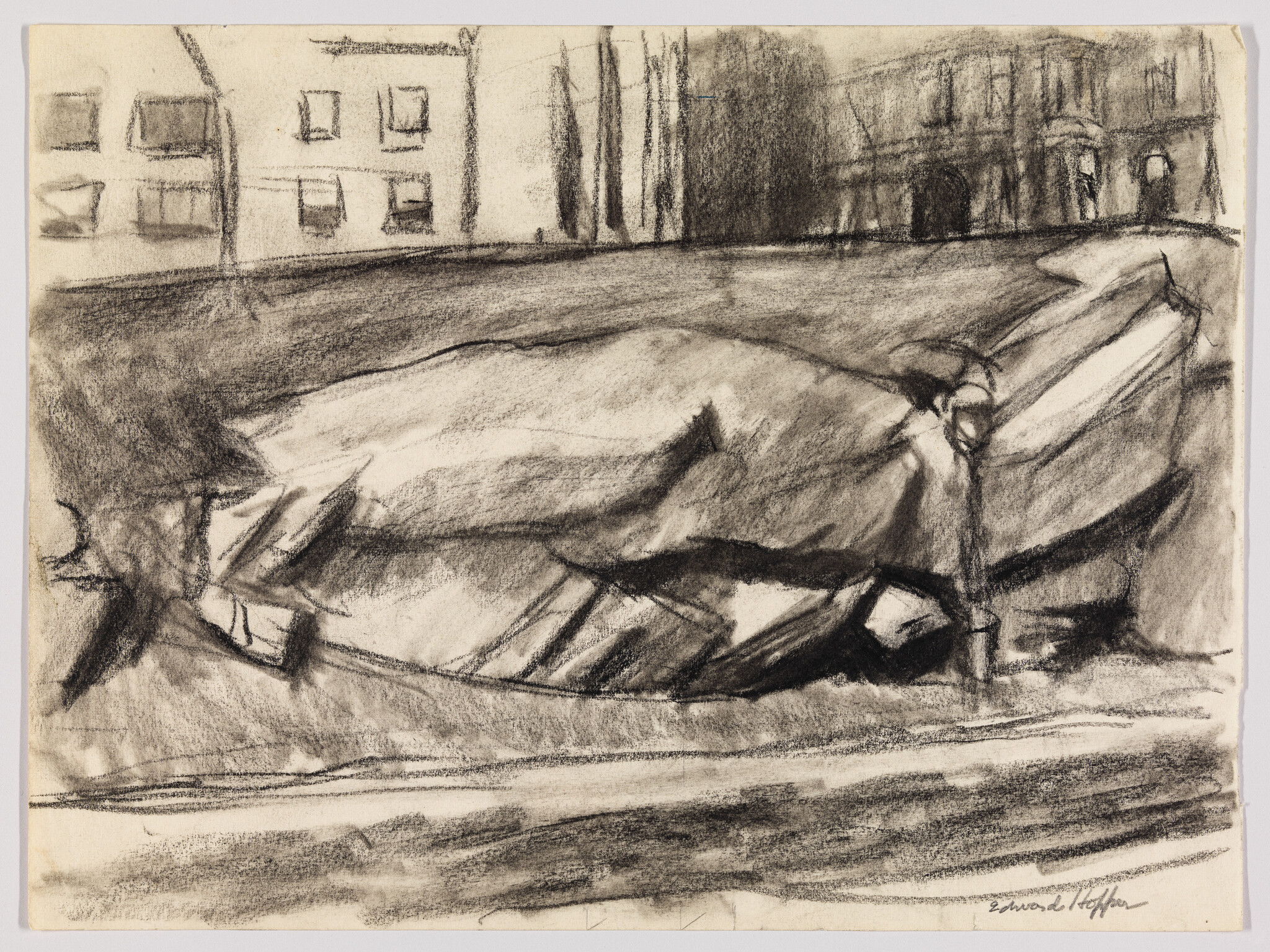 A charcoal drawing of a small beached rowboat resting on the shore in front of buildings.