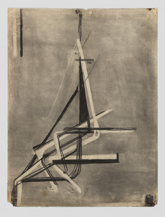Abstract charcoal drawing of intersecting mast and rigging lines suggesting a boat's structure.
