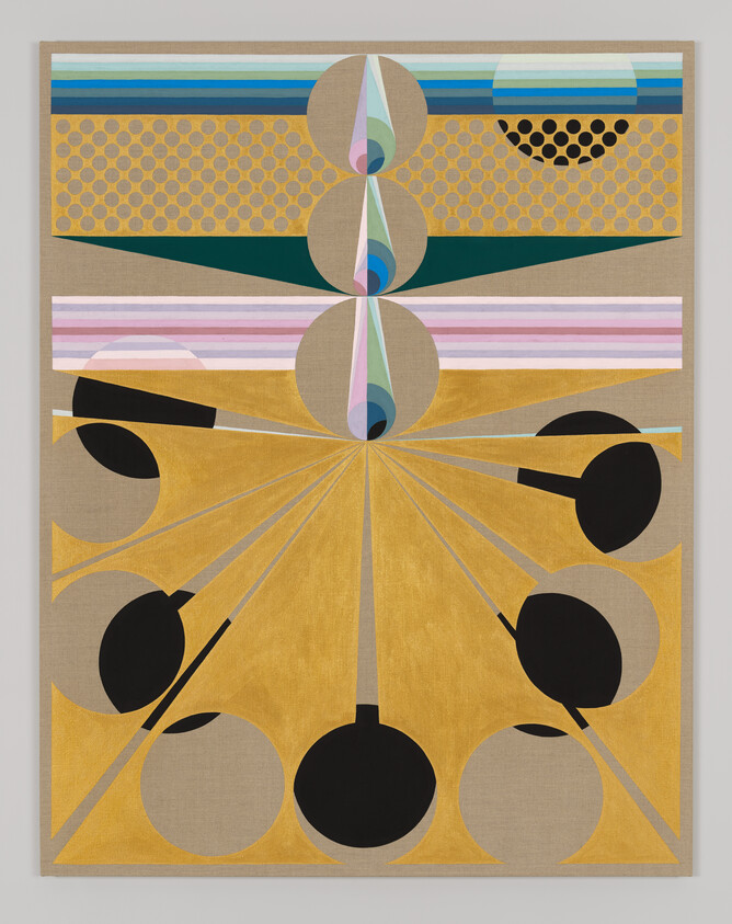 Geometric abstract artwork with symmetrical design, featuring circles, stripes, and a central axis with colorful patterns.