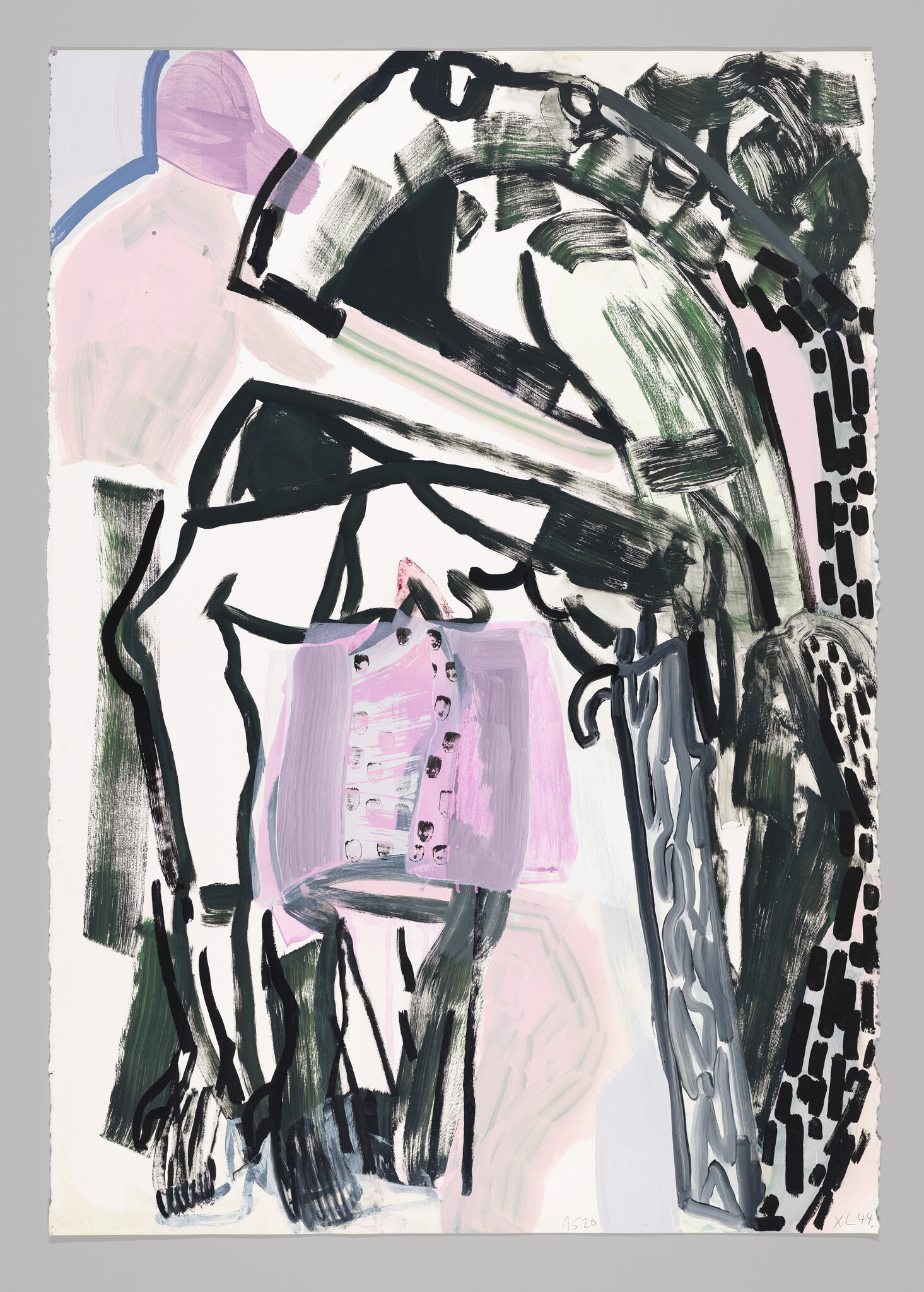 Abstract figure bending forward wearing a pink corset-like garment with bold black brushstrokes.
