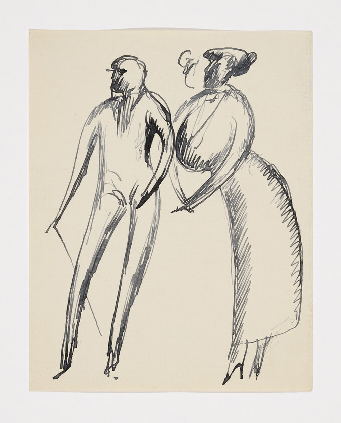 Two loosely sketched figures, a man and a woman, standing close together as she holds his arm.
