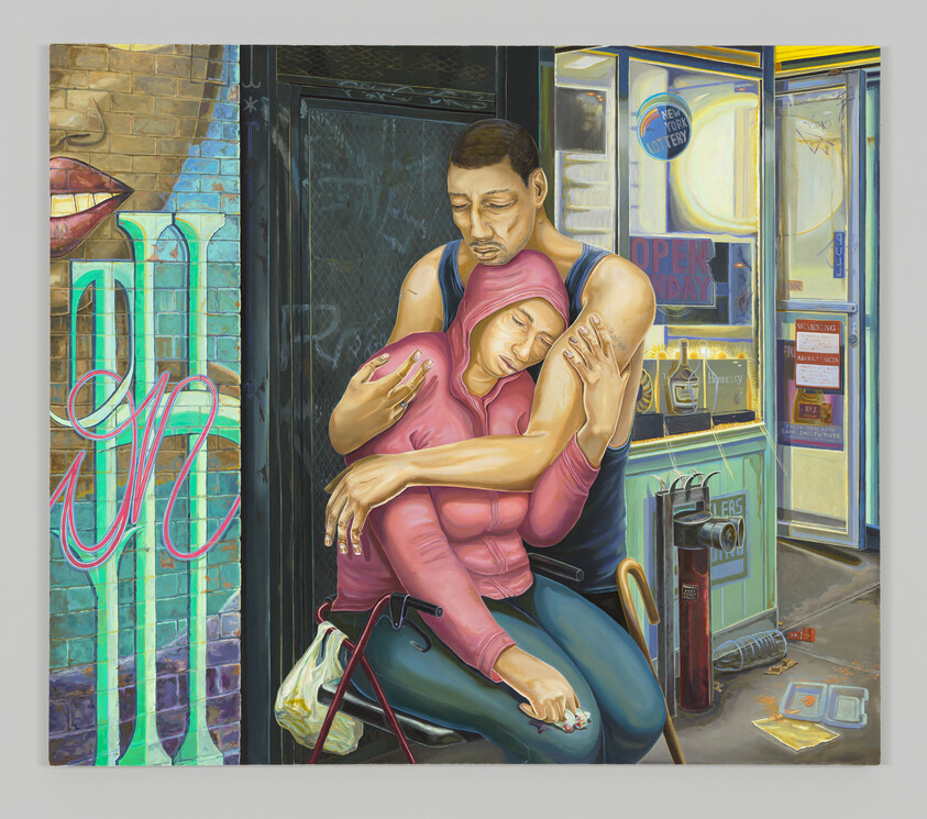 Leaning aganist a corner store's graffiti wall, a person wearing a blue tank top is warmly embracing a person using a walker