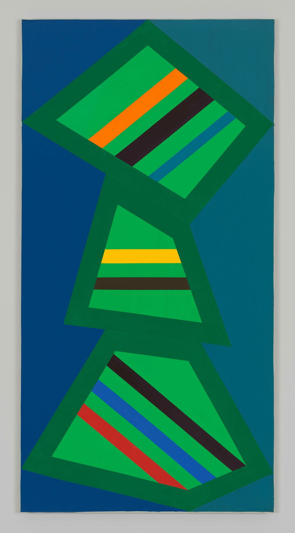   Three green geometric shapes with lines of bright colors inside are stacked on top of one another on a blue background.
