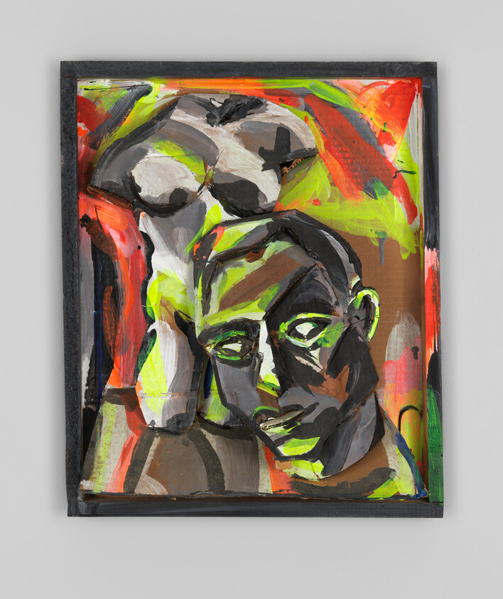 Two abstract human figures with neon green highlights and bold brushstrokes against vibrant background.