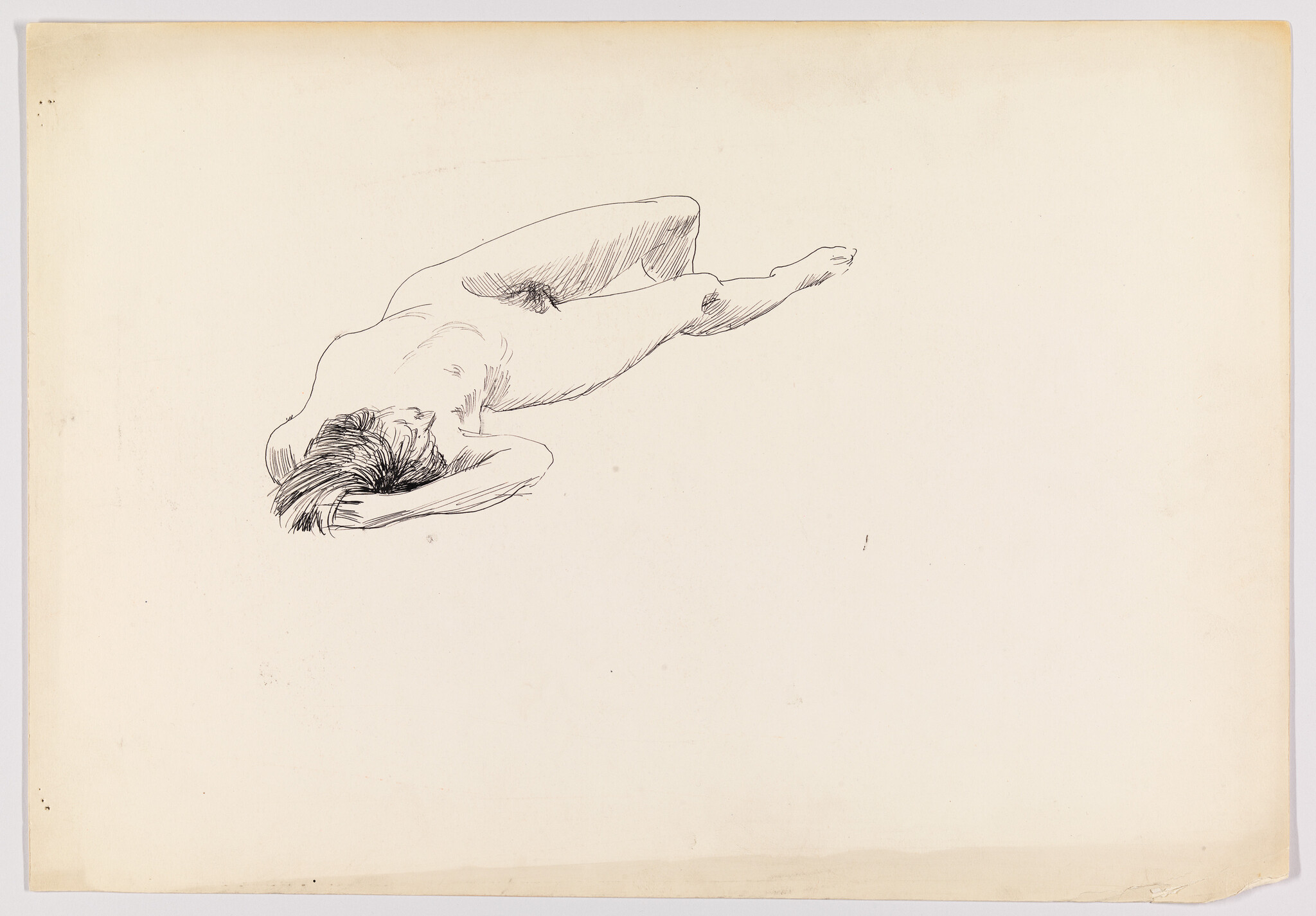 A nude person lies on their side with head resting on a folded arm.