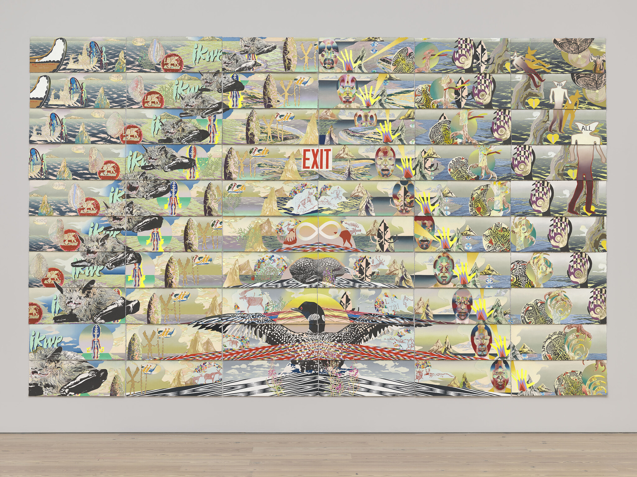 A large colorful collage mural of repeated panels featuring birds, faces, patterns, and a central red exit sign.