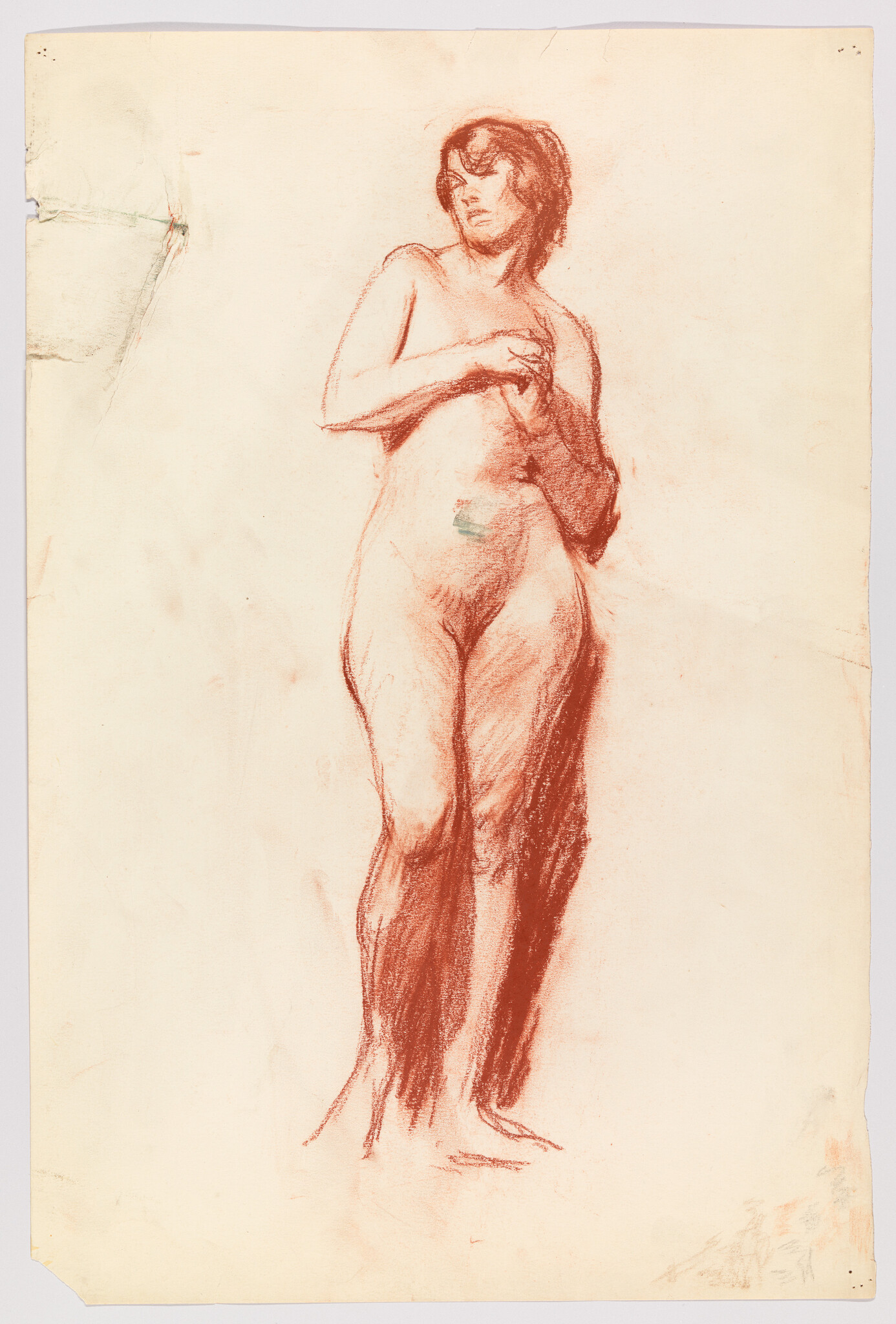 A red chalk sketch shows a standing nude woman with hands clasped near her chest.