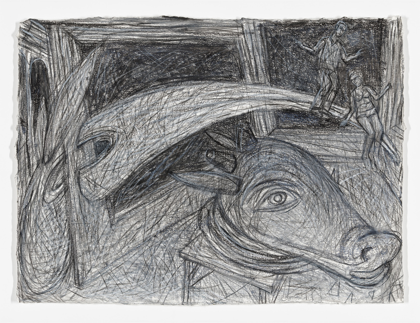 A detailed sketch featuring a close-up of a cow's head in the foreground with expressive eyes and a prominent snout. In the background, two human figures appear to be in a barn or stable setting, with one standing and holding a rope or tool and the other in a dynamic pose. The drawing is rendered in a monochromatic palette with heavy, textured lines and shading, creating a dramatic and rustic atmosphere.