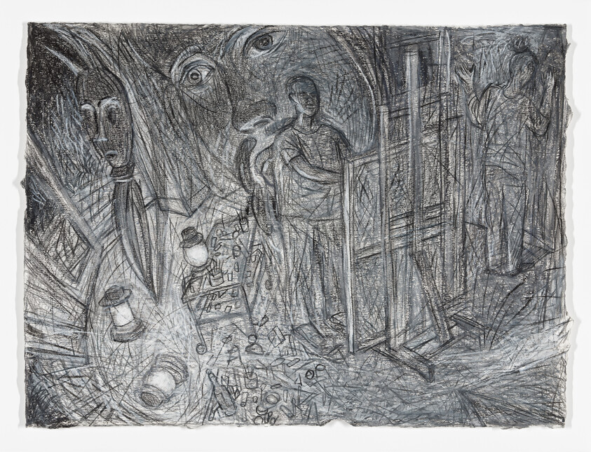 A detailed monochrome sketch featuring an array of abstract and surreal figures and shapes. The artwork is dense with overlapping lines and textures, creating a sense of depth and movement. Faces and figures appear to emerge from the chaotic background, with some elements resembling musical notes and everyday objects scattered throughout the composition. The edges of the paper are rough, suggesting the artwork may have been torn from a larger piece.