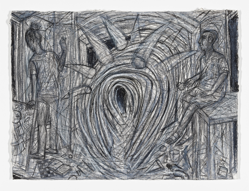 A textured monochrome drawing featuring abstract human figures and swirling patterns that converge towards a central vortex-like shape. The figures appear to be sketched with dynamic, expressive lines, creating a sense of movement around the focal point. The artwork has a rough, unfinished edge, suggesting it may be part of a larger piece or a work in progress.