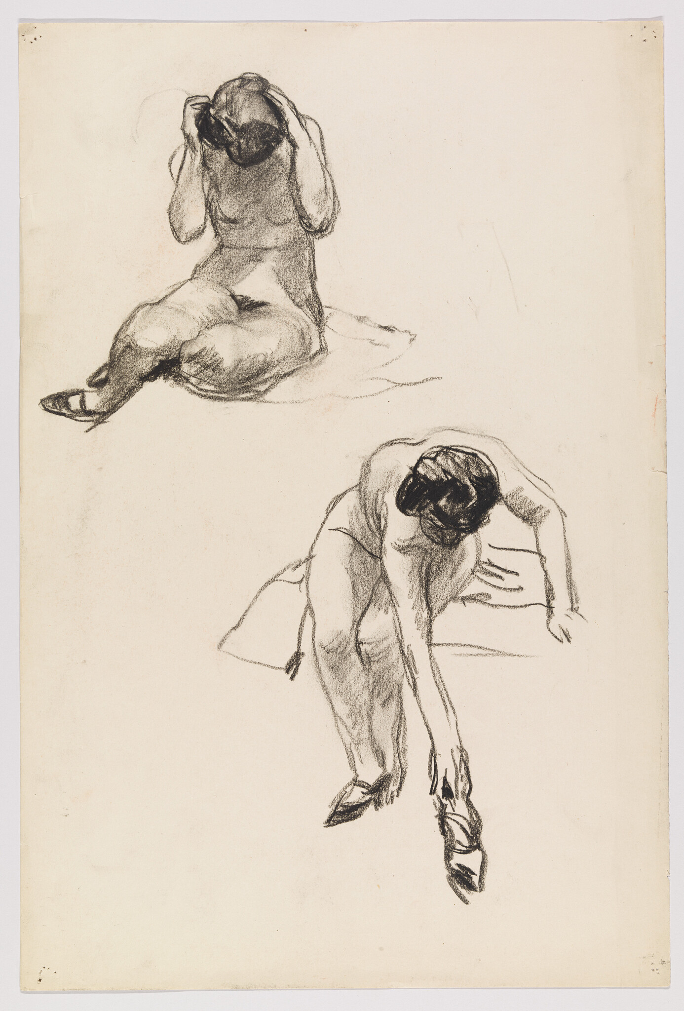 A nude woman seated on a bench adjusts her hair and reaches to put on a shoe.