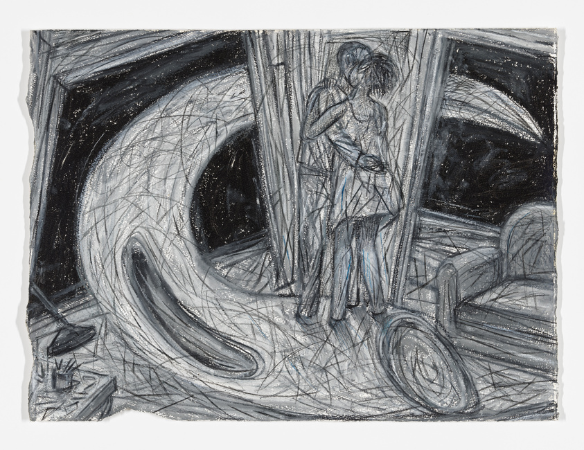 A monochromatic sketch depicting a surreal scene with a large crescent moon dominating the left side, while a figure stands near the center, surrounded by abstract shapes and lines suggesting an interior space with furniture. The artwork is characterized by dynamic, expressive strokes, primarily in black and white, with hints of blue. The edges of the paper are rough, suggesting the piece may have been torn from a larger sheet.