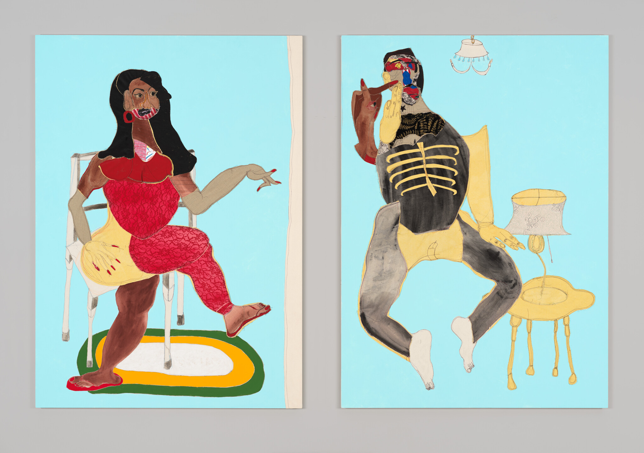 Two stylized figures on pale blue panels, one seated in a red dress and one reclining with exposed ribs.