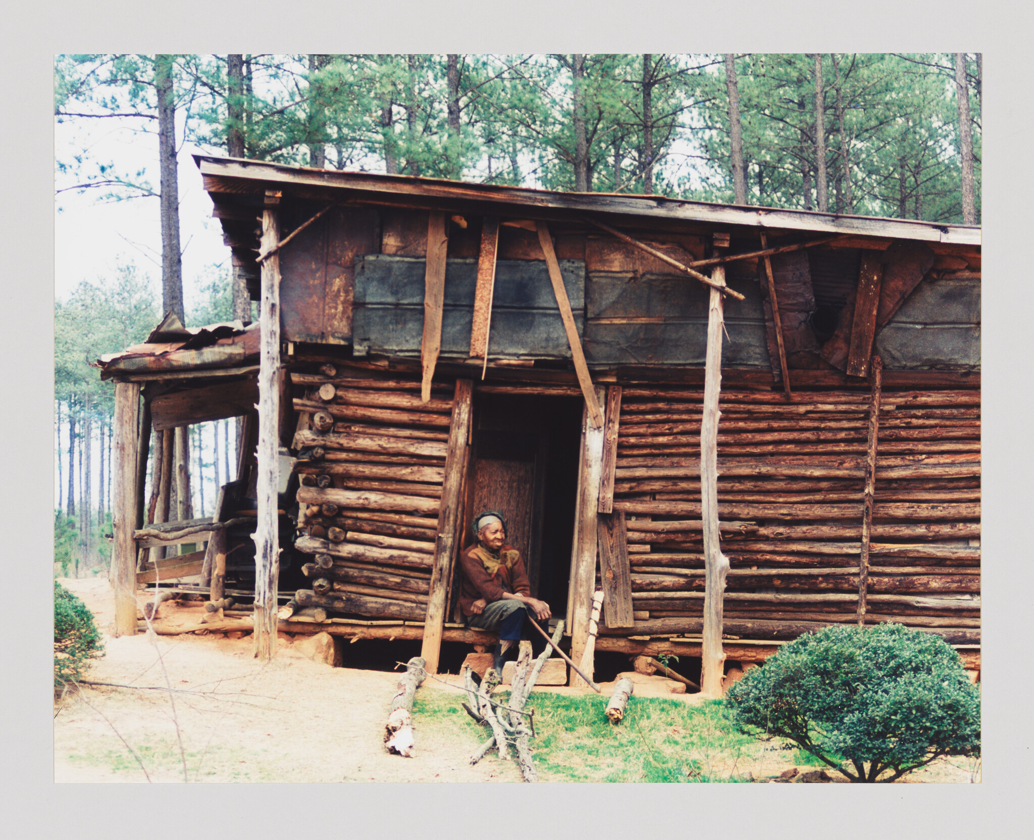 An older man sits on the porch of a weathered log cabin in a pine forest.