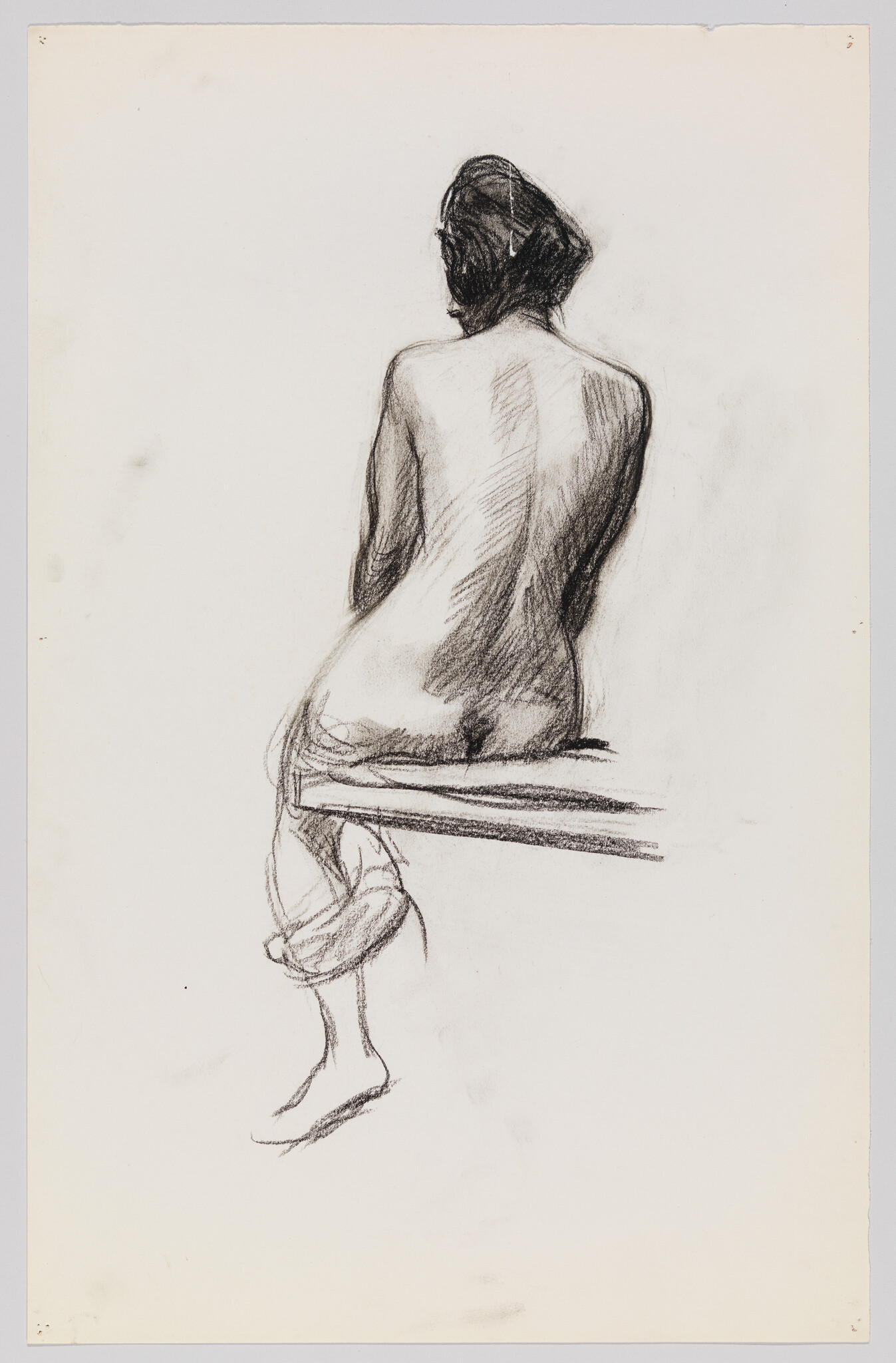 A seated nude woman turned away, showing her back while sitting on a bench.