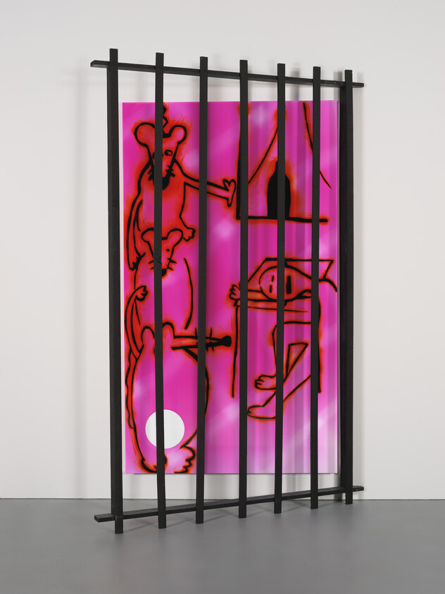 Abstract artwork with black bars over a pink background featuring red outlined figures and shapes.