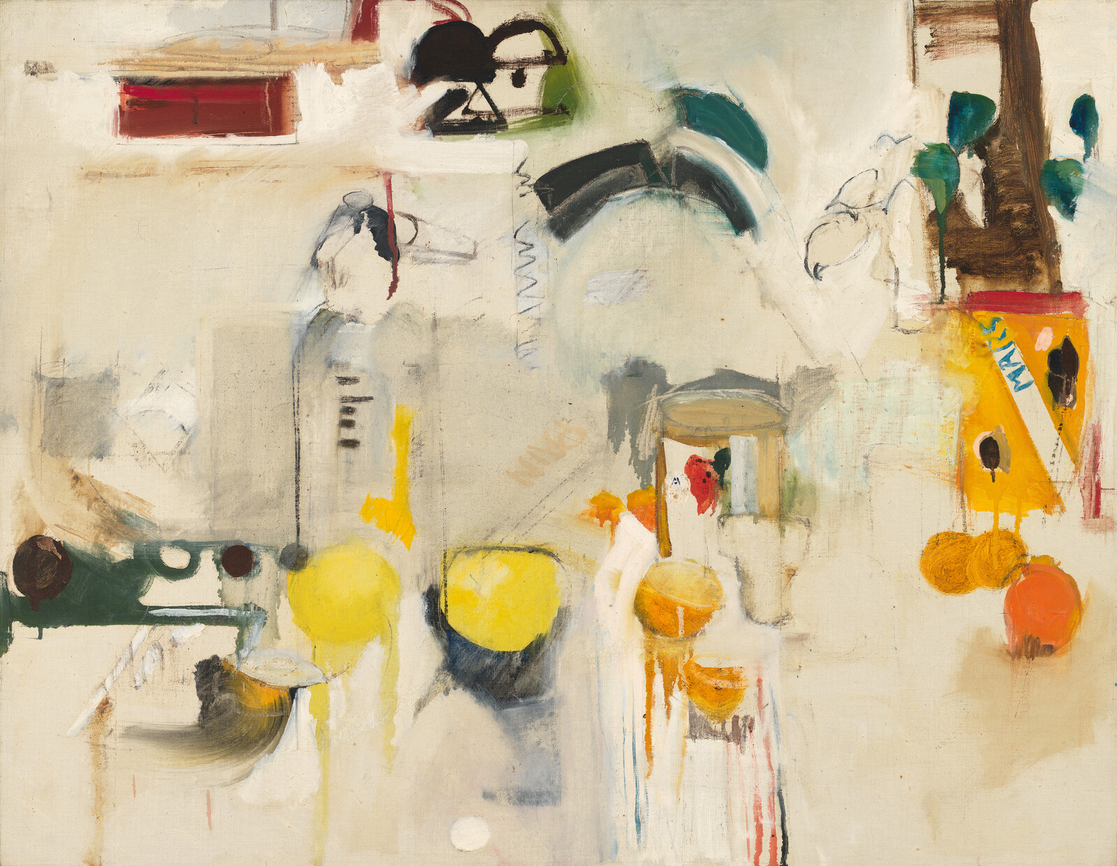 Abstract still life with scattered fruit, a glass jar, and a potted plant on a pale background.