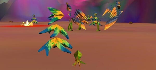 Colorful low-polygon plant-like shapes scatter across a flat, empty landscape with distant hills.