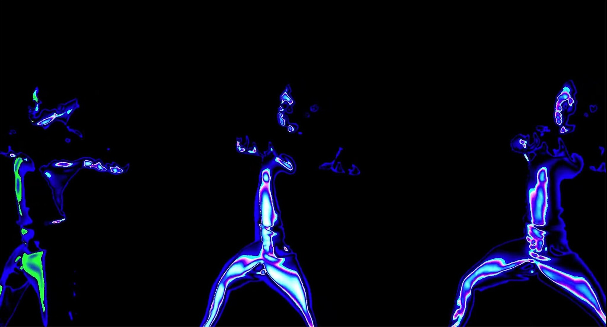 Three glowing neon-blue humanoid figures in dynamic wide-legged poses against a black background.