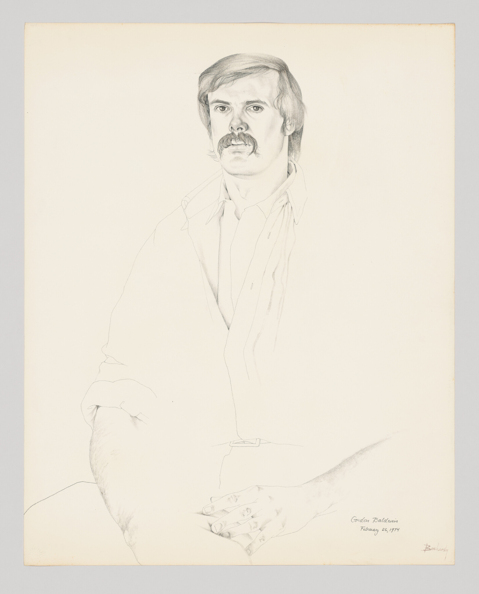 Pencil sketch of a man with a mustache, featuring a detailed rendering of his face and hands, with the rest of his body only outlined. The man's gaze is directed forward, and there is an inscription at the bottom with a name and date.